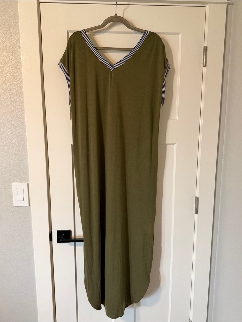 Olive V-Neck Maxi Dress with Striped Trim